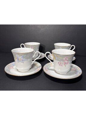 Mikasa Charisma Gray Fine China 4 Cups & Saucers Set L9049 Floral Japan VTG 80s